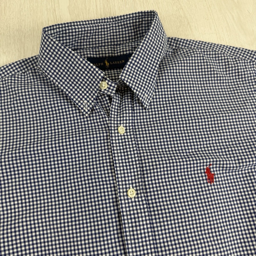 Ralph Lauren Mens Large Gingham Short Sleeve Button Down Shirt Navy Blue White